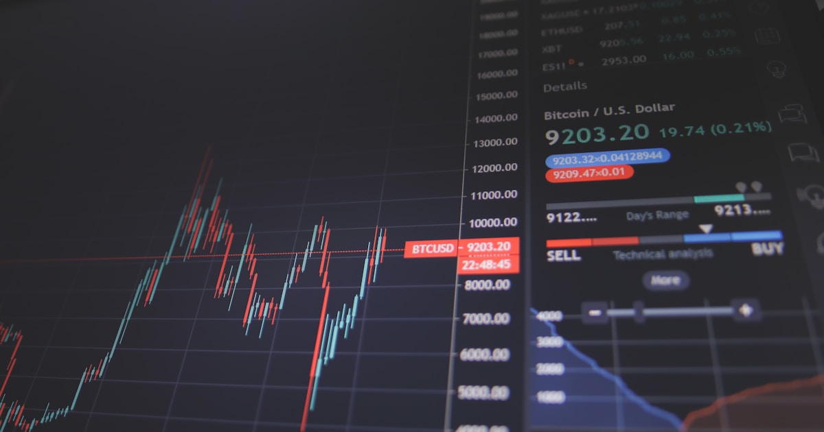 Cryptocurrency trading platform showing Bitcoin USD price chart with buy sell indicators