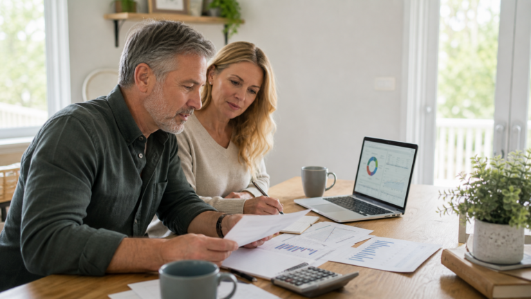 Early retirees reviewing tax-gain harvesting and investment paperwork at home